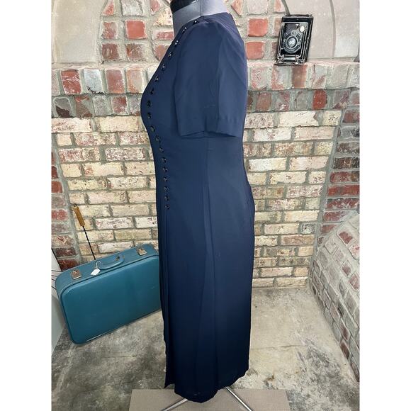 Dress 1980s Navy pleated bodice swing skirt shoulder pads - Picture 5 of 10